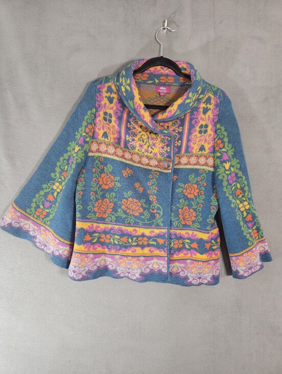 Anthropologie Sweaters - IVKO For Anthropologie Floral Pattern Cardigan Teal Sweater Small Lambswool Fine